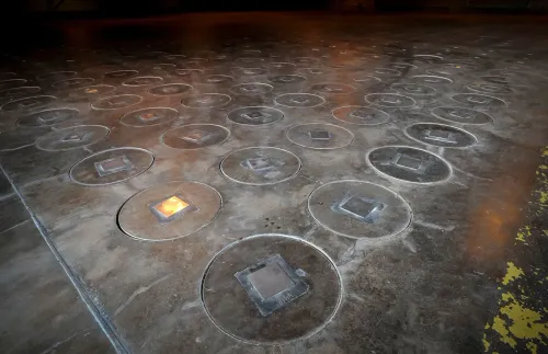 عشب يحتوي على فتحات دائرية في الأرض، تشير إلى مواقع خزانات النفايات النووية في موقع ساوث كارولينا، حيث تم العثور على عش دبابير مشع.