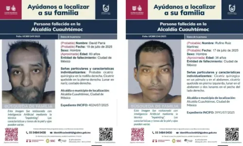 صورة توضح ملصقات بحث عن شخصين مفقودين، تتضمن تفاصيل مثل الأسماء، تواريخ الوفاة، والخصائص الفردية. تستخدم هذه الملصقات لتعزيز الوعي بقضايا الاختفاء في المكسيك.