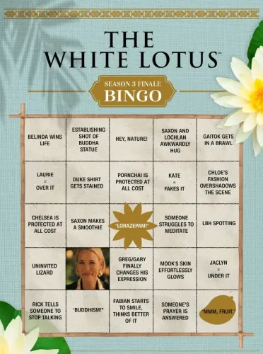 لعبة بينغو مستوحاة من الحلقة الأخيرة للموسم الثالث من "اللوتس الأبيض"، تتضمن عبارات مرحة وشخصيات من المسلسل.