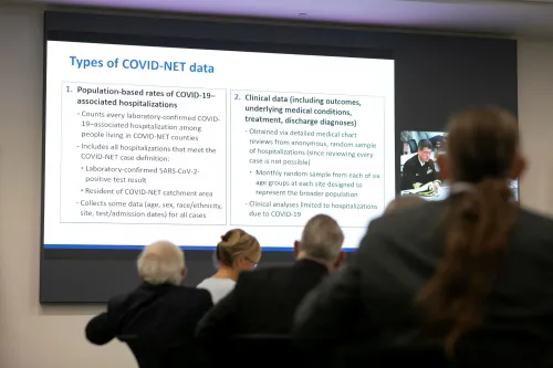 عرض تقديمي حول بيانات COVID-NET، يتضمن معلومات عن معدلات الاستشفاء المرتبطة بكوفيد-19، مع حضور مجموعة من المستشارين.