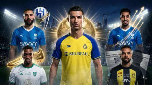 كريستيانو رونالدو بقميص النصر وسط نجوم دوري روشن السعودي مع خلفية ملعب مضيء وشعارات الأندية، يعكس موسم كرة القدم الجديد والطموحات.
