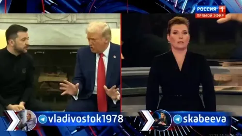 لقاء بين الرئيس الأوكراني زيلينسكي والرئيس الأمريكي ترامب، مع مذيعة تلفزيونية روسية تُعلق على الأحداث، يعكس التوترات الجيوسياسية.
