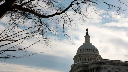 قبة مبنى الكابيتول الأمريكي تحت سماء ملبدة بالغيوم، مع فروع الأشجار العارية في المقدمة، تعكس أجواء السياسة والتشريعات الجارية.