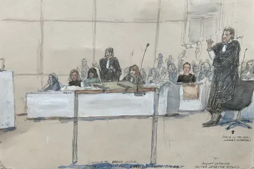 رسم توضيحي لجلسة محاكمة جيرار ديبارديو، حيث يظهر المحامون والضحايا في قاعة المحكمة، وسط أجواء مشحونة بالجدل حول الاتهامات الموجهة إليه.