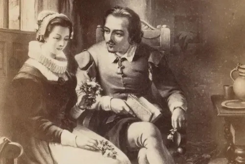 صورة تظهر ويليام شكسبير وزوجته آن هاثاواي في محادثة حميمية، تعكس العلاقة بينهما في سياق البحث الجديد حول زواجهما.