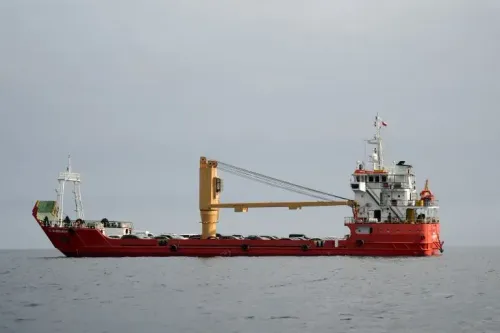 سفينة شحن حمراء تبحر في البحر، تمثل حركة التجارة البحرية في ظل التوترات حول مضيق هرمز وفتح الممر أمام السفن التجارية.