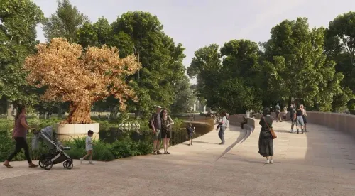 تصميم مقترح لنصب تذكاري للملكة إليزابيث الثانية، يظهر جسرًا مستوحى من الزنبق وشجرة بلوط برونزية، مع زوار يتجولون في حديقة سانت جيمس.