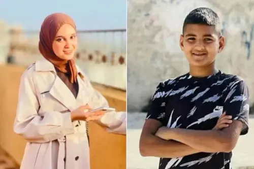 صورة لهالة سالم درويش، 18 عاماً، ومحمد صابر الشيخ، 13 عاماً، يمثلان ضحايا العنف الإسرائيلي في فلسطين، حيث أصيبا برصاص قناص أثناء ممارستهما حياتهما اليومية.