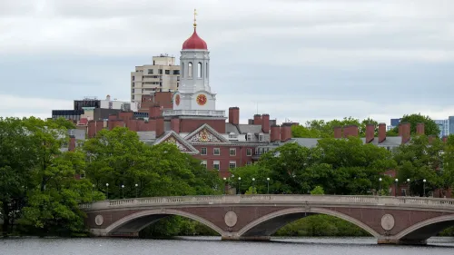 صورة لجامعة هارفارد تُظهر المباني التاريخية وجسر فوق نهر تشارلز، مما يعكس تأثير الجامعة في التعليم العالي.