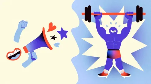 صورة توضح تأثير الشعارات التحفيزية على اللياقة البدنية، مع رسومات تمثل القوة والطاقة الإيجابية في ممارسة الرياضة.