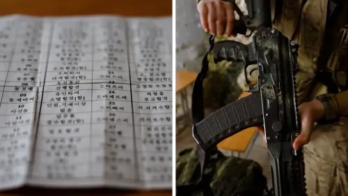 قائمة تحتوي على أسماء جنود كوريين شماليين ومعلوماتهم، بجانب جندي يحمل بندقية هجومية من طراز AK-12.