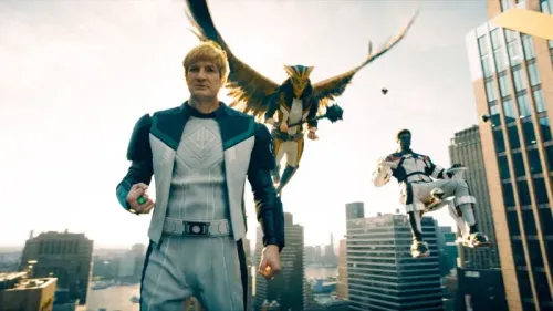 يظهر ناثان فيلون بشخصية غاي غاردنر في فيلم "سوبرمان" الجديد، مرتديًا زي الفانوس الأخضر، مع قصة شعر قصيرة وشقراء، في مشهد حضري مثير.