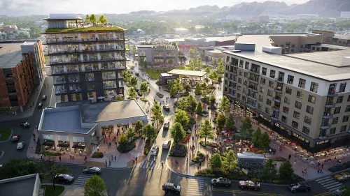 مجمع سكني وتجاري حديث يجمع بين الشقق والمطاعم، مع مساحات خضراء ومرافق متعددة الاستخدامات، يعكس تحول مراكز التسوق التقليدية.