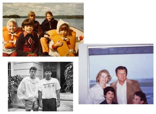 صور عائلية تضم أطفالًا في قارب، وشبان في ساحة منزل، وعائلة أمام نافذة، تعكس ذكريات عائلة مينينديز قبل الأحداث المأساوية.