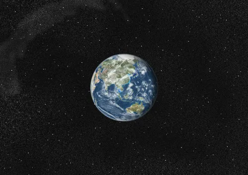 الأرض تظهر في الفضاء، محاطة بنجوم، تمثل التحديات المناخية التي تواجهها، مثل ارتفاع درجات الحرارة وتدهور الشعاب المرجانية.