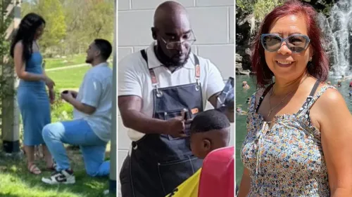 صورة تعرض ثلاثة مشاهد: رجل يتقدم لطلب الزواج في حديقة، حلاق يعمل على قص شعر طفل، وامرأة مبتسمة ترتدي نظارات شمسية.