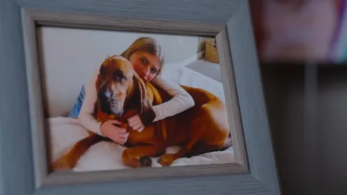 صورة لفتاة صغيرة تحتضن كلبًا بنيًا، تعكس لحظة حميمية وذكريات جميلة، تعبر عن الحب والارتباط العاطفي.