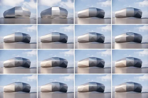 مخطط تصميم مركز مؤتمرات ويست بوند في شنغهاي، يظهر واجهته الزجاجية متعددة الزوايا، التي تم تطويرها باستخدام الذكاء الاصطناعي.