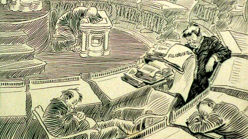 صورة توضح مشهدًا داخل مجلس الشيوخ الأمريكي مع أعضاء نائمين أو متعبين، تعبيرًا عن تأثير المماطلة على العمل التشريعي.