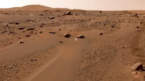 مشهد لسطح المريخ يظهر تربة حمراء وصخور متناثرة، مما يبرز التحديات التي يواجهها رواد الفضاء بسبب الغبار السام.