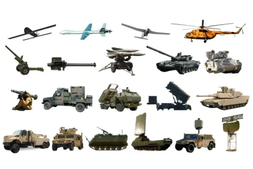 تشكيلة متنوعة من الأسلحة والمعدات العسكرية التي حصلت عليها أوكرانيا من حلفائها، تشمل الطائرات والدبابات والمدفعية.