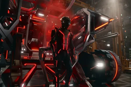 مشهد من فيلم "Tron: Ares" يظهر شخصية رئيسية ترتدي زيًا أسود مضاءً بألوان زاهية، في بيئة مستقبلية تكنولوجية.