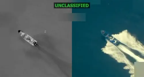 ضربة عسكرية تستهدف سفينة مزعومة لتهريب المخدرات، تظهر في الصورة من زوايا مختلفة، مع تفاصيل توضح العملية العسكرية.