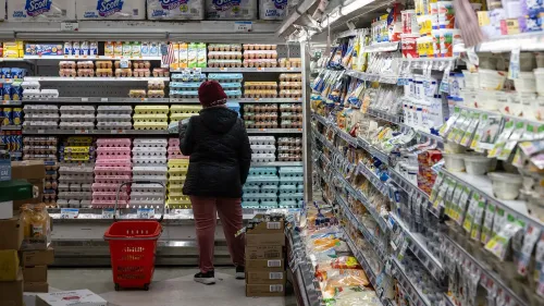 امرأة ترتدي قبعة حمراء تقف أمام رفوف مليئة بعبوات البيض ومنتجات الألبان في متجر بقالة، وسط ارتفاع أسعار المواد الغذائية.