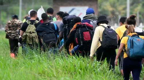 مجموعة من المهاجرين يسيرون في منطقة عشبية، يحملون حقائب ظهر، في طريقهم إلى الولايات المتحدة بحثًا عن الأمان.