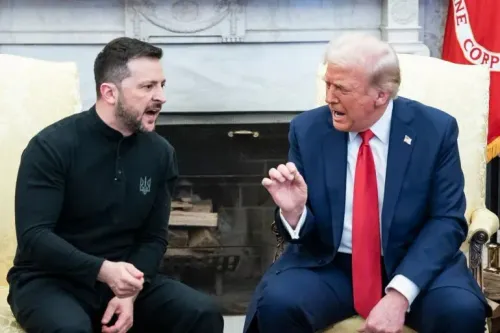 اجتماع بين الرئيس الأمريكي دونالد ترامب والرئيس الأوكراني فولوديمير زيلينسكي في البيت الأبيض، حيث يناقشان الوضع في أوكرانيا.