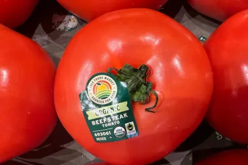 طماطم عضوية من نوع "بيف ستيك" مع ملصق يوضح مصدرها من المكسيك، تمثل جزءًا من النقاش حول الرسوم الجمركية على الواردات.