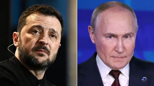 صورة تظهر زيلينسكي وبوتين، تعكس التوترات المتزايدة بين أوكرانيا وروسيا في ظل الصراع المستمر وتأثيره على المنطقة.