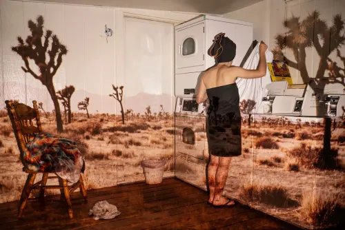 امرأة ترتدي منشفة تقف أمام غسالة في غرفة غسيل، بينما تظهر صورة لصحراء نيفادا على الجدران المحيطة بها.