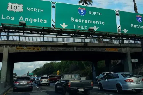 لوحات إرشادية على الطريق السريع في كاليفورنيا، تشير إلى اتجاهات لوس أنجلوس وساكرامنتو، مع حركة مرور كثيفة.