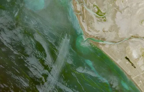 صورة جوية لمضيق هرمز تُظهر المياه المتقلبة واليابسة المحيطة، تعكس التوترات الجيوسياسية وتأثيرها على حركة الملاحة البحرية.