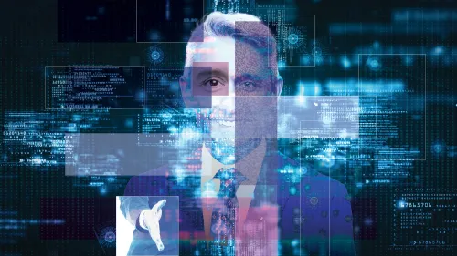 صورة تمثل شخصية ذكاء اصطناعي لرئيس تنفيذي، محاطة ببيانات رقمية، تعكس تطور استخدام الذكاء الاصطناعي في الشركات.