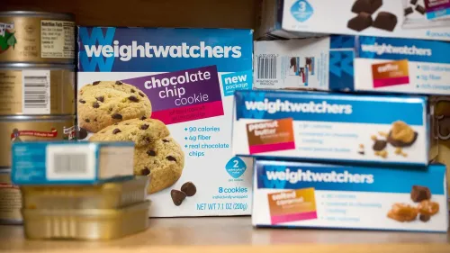 عبوات متنوعة من منتجات WeightWatchers، بما في ذلك بسكويت الشوكولاتة، تُظهر جهود الشركة في تقديم خيارات غذائية صحية للأعضاء.