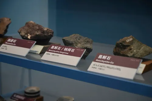 عناصر الأرض النادرة معروضة في متحف، تشمل صخورًا مثل الأيسكينيتي، مع تسميات توضح أنواع المعادن.
