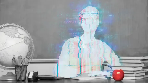 صورة تظهر معلمًا رقميًا محاطًا بأدوات تعليمية تقليدية، تعكس استخدام الذكاء الاصطناعي في التعليم الحديث.