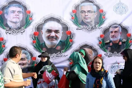 نساء ورجال يتجمعون أمام لافتة تحمل صور قادة الحرس الثوري الإيراني، في سياق تصاعد التوترات مع إسرائيل.