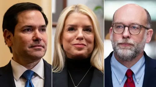 صور لثلاثة مرشحين رئيسيين لمناصب وزارية في إدارة ترامب: ماركو روبيو، بام بوندي، وكريس رايت، خلال جلسات الاستماع في مجلس الشيوخ.