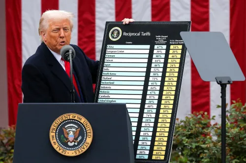 ترامب يتحدث أمام علم أمريكي، ممسكًا بجدول يوضح الرسوم الجمركية المفروضة على دول مختلفة، مما يعكس سياساته التجارية.