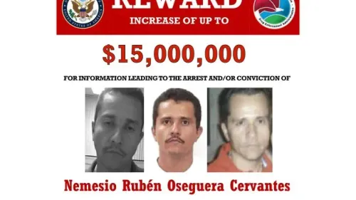 صورة توضح مكافأة قدرها 15 مليون دولار مقابل معلومات تؤدي إلى القبض على نيميسيو أوسيجويرا سيرفانتيس، المعروف بـ "إل مينشو"، زعيم كارتل خاليسكو.