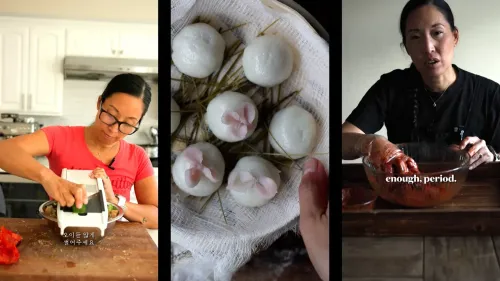 امرأة تعمل في مطبخها، تستخدم أداة تقطيع لتحضير مكونات الطعام، مع عرض لطبق تقليدي يتضمن كرات من العجين.