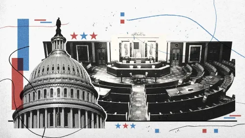 صورة توضح قبة مبنى الكابيتول الأمريكي مع مشهد داخلي لمجلس النواب، تعكس التوترات السياسية الحالية في الانتخابات المقبلة.