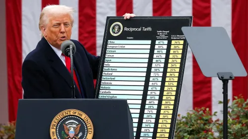 ترامب يتحدث أمام الجمهور حاملاً لوحة توضح التعريفات الجمركية للدول المختلفة، بينما تتواجد خلفه أعلام أمريكية.