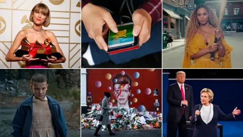 تجمع الصورة لحظات بارزة من عام 2016، تشمل تيلور سويفت بجوائزها، بيونسيه، ومشاهد من الثقافة الشعبية، مع تلميحات للسياسة.