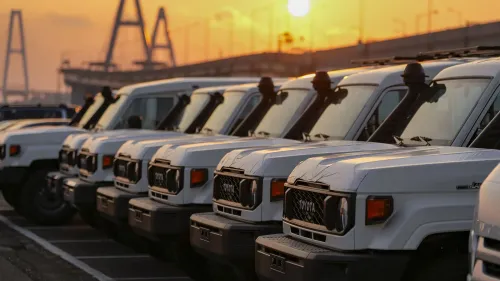صف من سيارات تويوتا البيضاء في موقف سيارات، مع غروب الشمس في الخلفية، يعكس التحديات التي تواجهها الشركة في السوق.