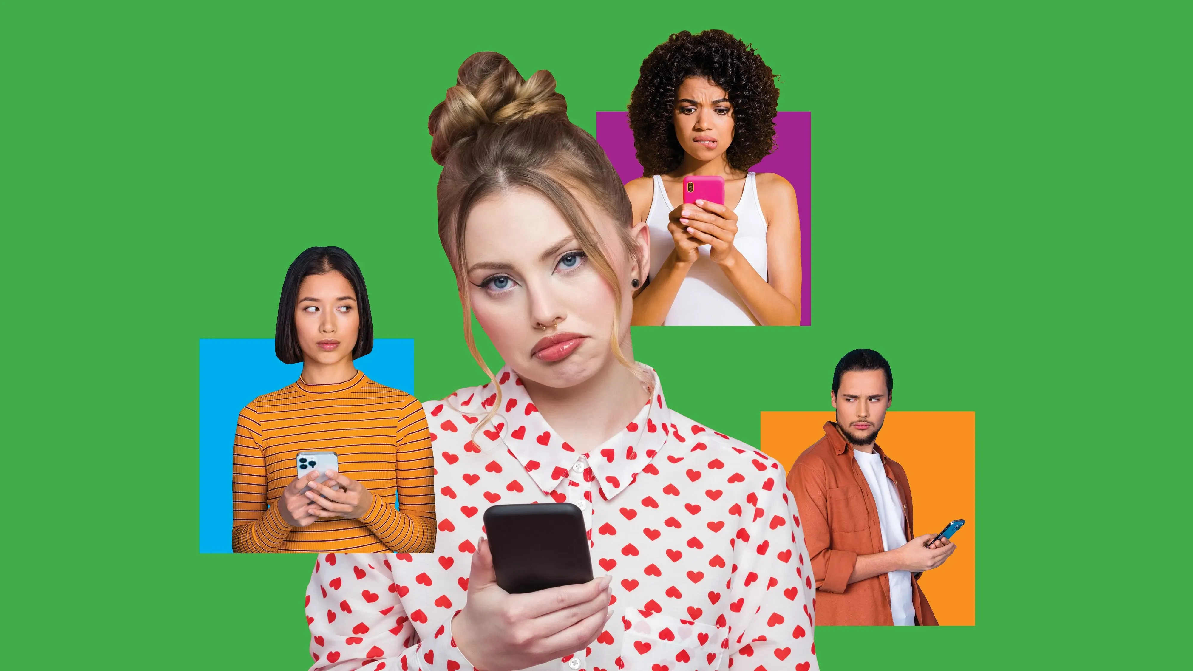 شخصية حزينة تحمل هاتفًا ذكيًا، محاطة بأصدقاء يظهرون مشاعر الإحباط، على خلفية ملونة، تعكس قضايا الوحدة وعدم الالتزام الاجتماعي.