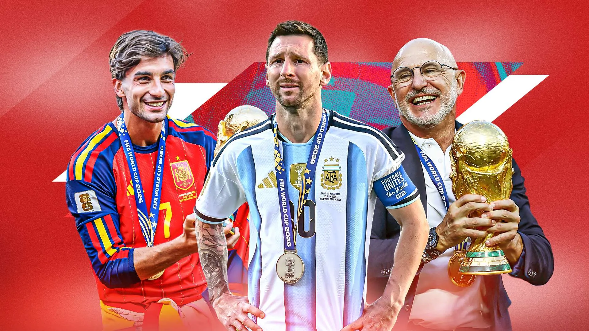 لاعبو كرة القدم الإسباني والأرجنتيني حاملون ميداليات كأس العالم، مع كأس ذهبية في يد مدرب إسباني، تعبير عن نهائي كأس العالم 2026 ومعركة نيو جيرسي.